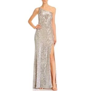 Champagne One Shoulder Sequins Gown 12 NWOT